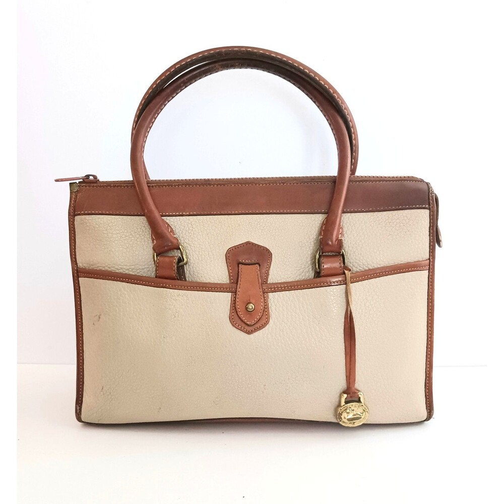 VTG Dooney & Bourke Satchel Tan All Weather Pebbled Leather Brown Leather Trim